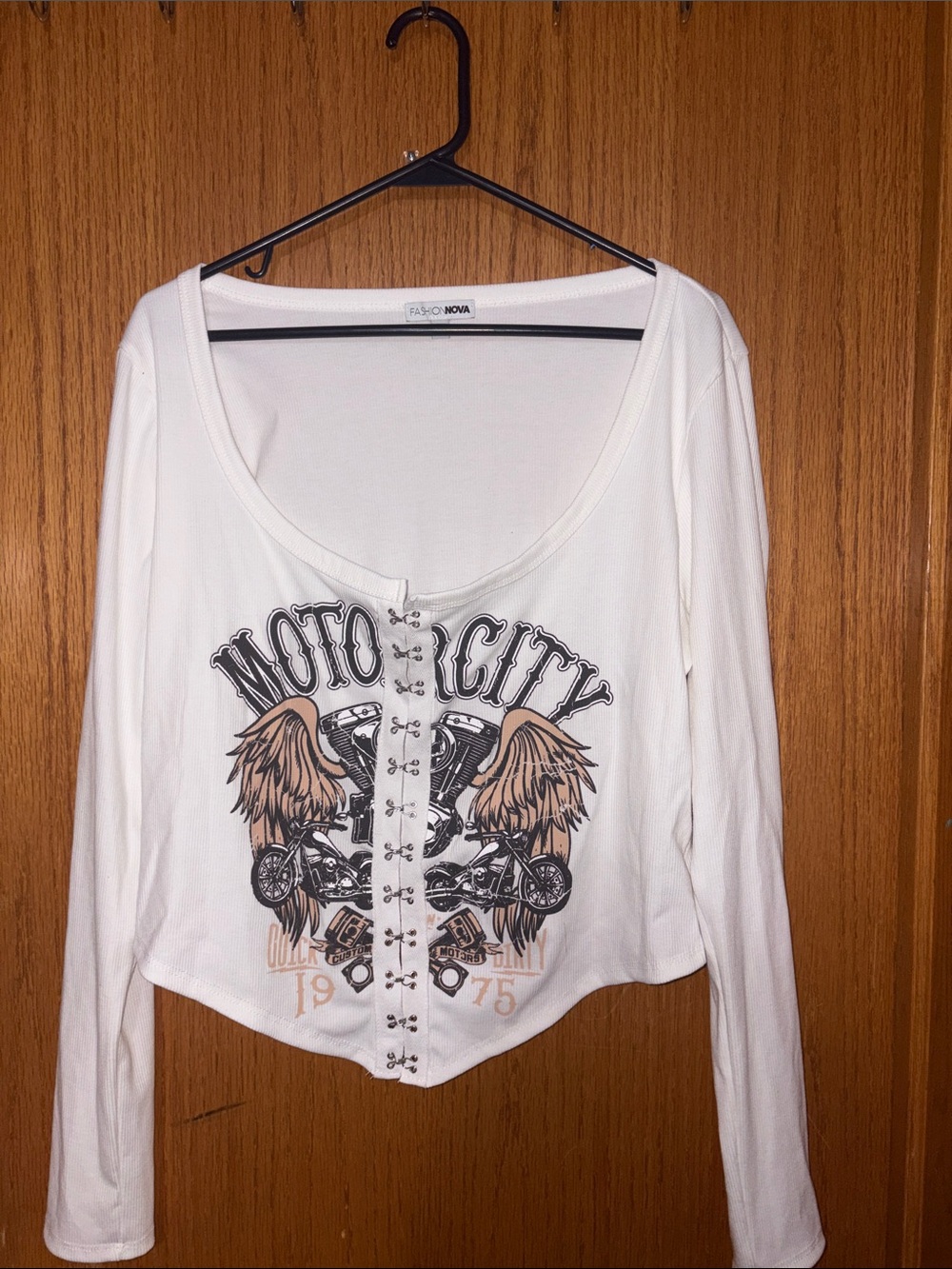 Fashion Nova White Motor City Hook-Front Graphic Long Sleeve Tee